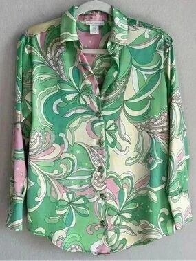 SALE House of Harlow 1960 Pink & Green Retro Print Over-Sized Satin Blouse Top